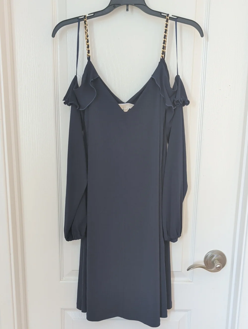 Michael Kors Navy Cold-Shoulder Long Sleeve Dress with Chain-Strap